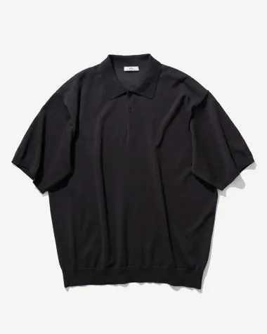 ATON (MEN) / COTTON WASHI KNIT HALF SLEEVE POLO SWEATER / CHARCOAL GRAY