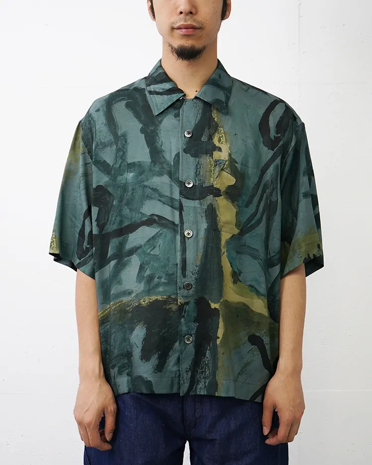 NTN / MARIJN VAN KREIJ S/S OPEN COLLAR SHIRT / BLACK PAINT