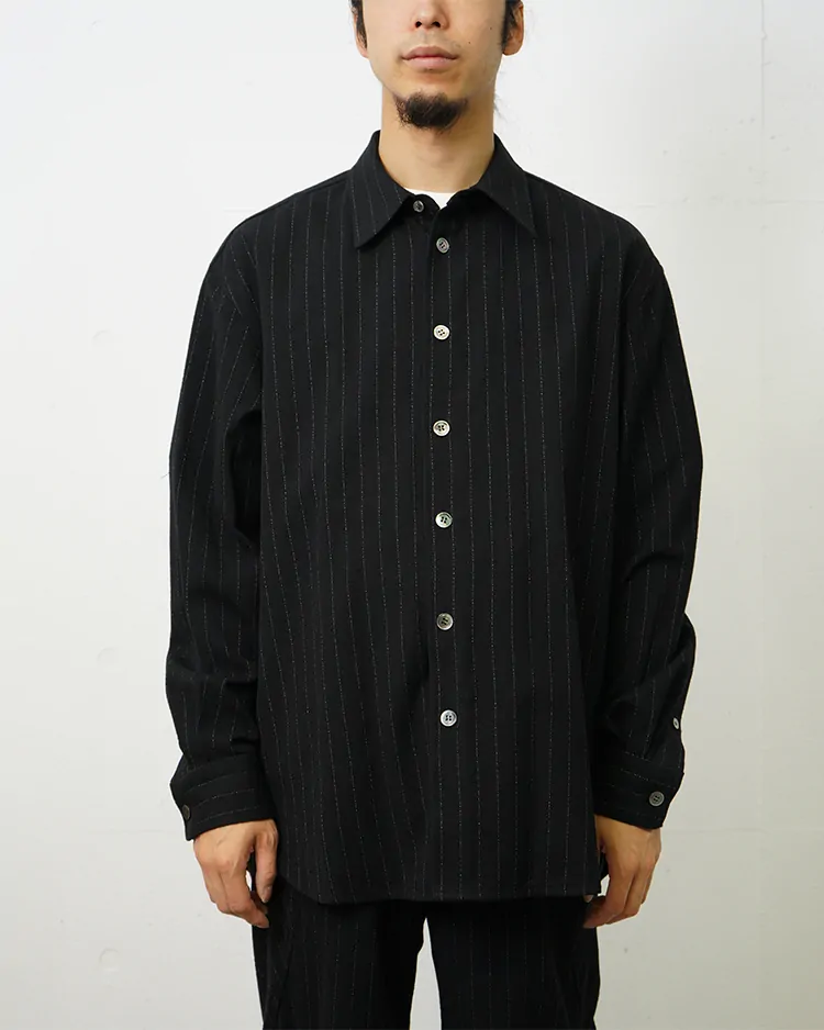 NTN / WOOL SILK STRIPE SPLIT RAGLAN SLEEVE SHIRT / BLACK×WHITE