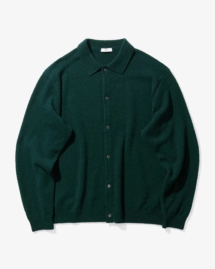 ATON (MEN) / WOOL MINI BOUCLE POLO CARDIGAN / GREEN