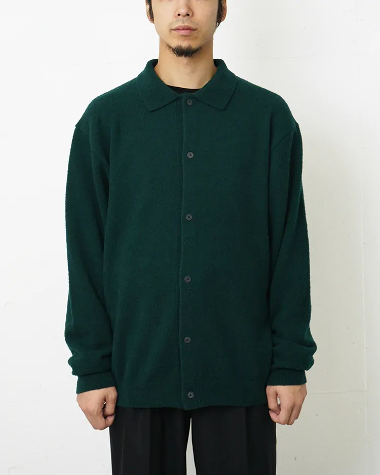 ATON (MEN) / WOOL MINI BOUCLE POLO CARDIGAN / GREEN