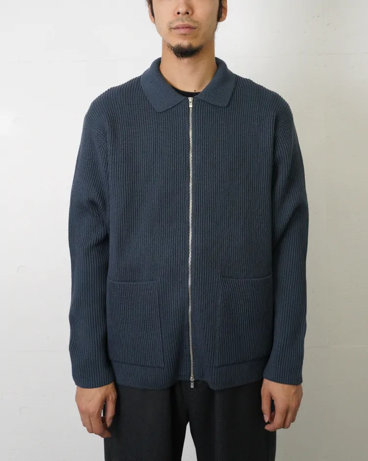 BATONER (MEN) / SOLID WOOL RIB POLO ZIP UP BLOUSON / DARK BLUE