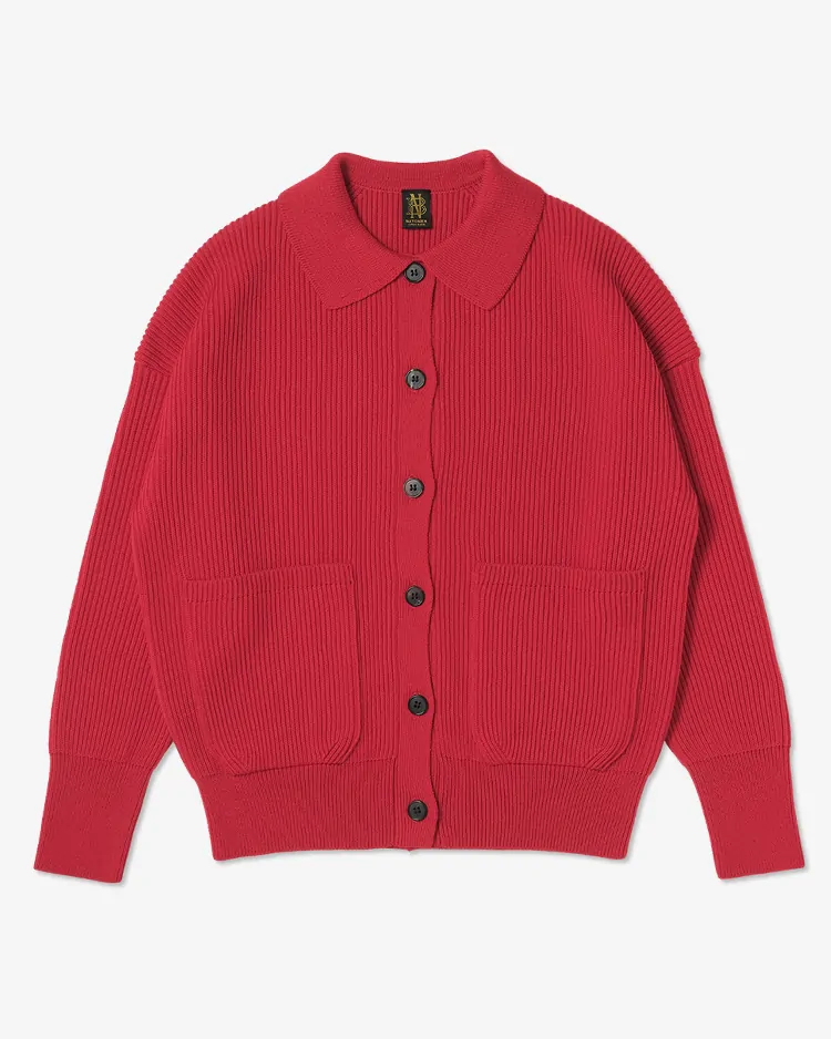 BATONER (WOMEN) / SOLID WOOL RIB POLO CARDIGAN / RED