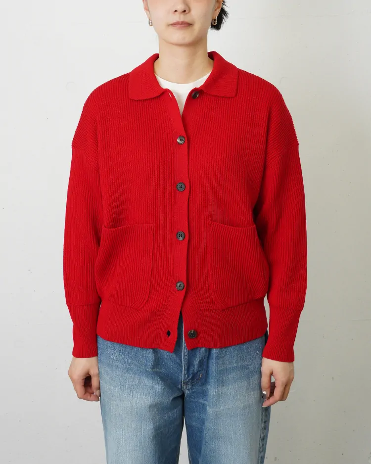 BATONER (WOMEN) / SOLID WOOL RIB POLO CARDIGAN / RED