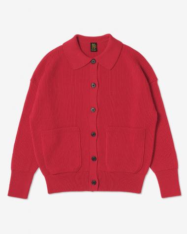 BATONER (WOMEN) / SOLID WOOL RIB POLO CARDIGAN / RED