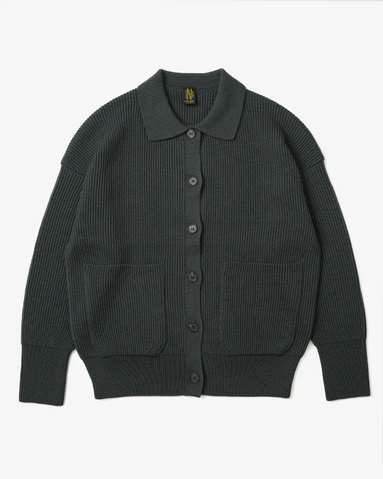 BATONER (WOMEN) / SOLID WOOL RIB POLO CARDIGAN / FOREST