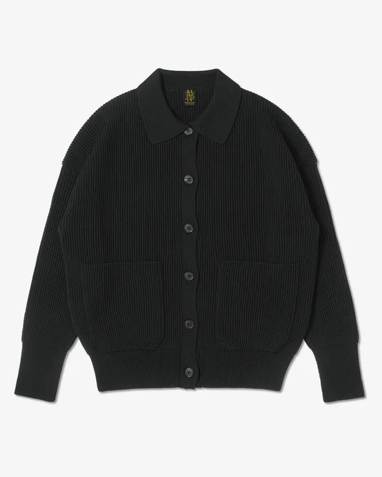 BATONER (WOMEN) / SOLID WOOL RIB POLO CARDIGAN / BLACK