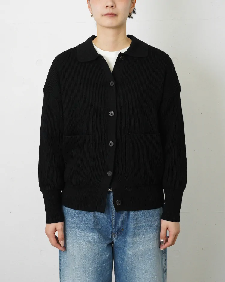 BATONER (WOMEN) / SOLID WOOL RIB POLO CARDIGAN / BLACK