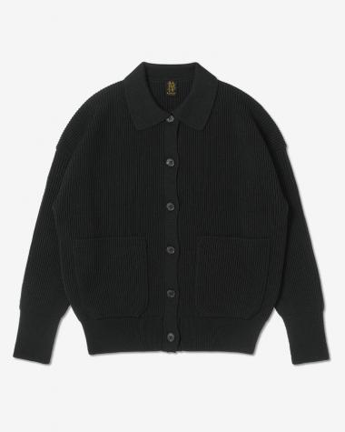  / SOLID WOOL RIB POLO CARDIGAN / BLACK