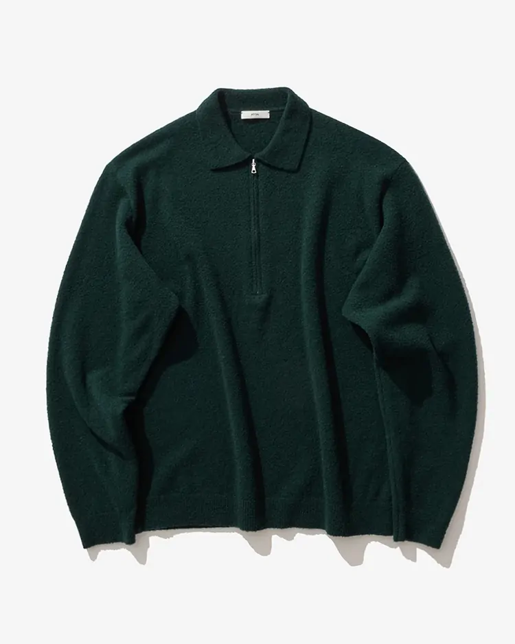 ATON (MEN) / WOOL MINI BOUCLE ZIP UP POLO SWEATER / GREEN