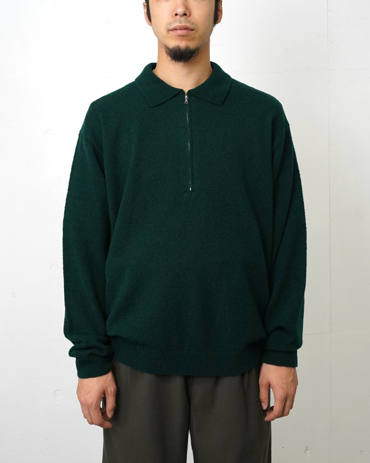 ATON (MEN) / WOOL MINI BOUCLE ZIP UP POLO SWEATER / GREEN