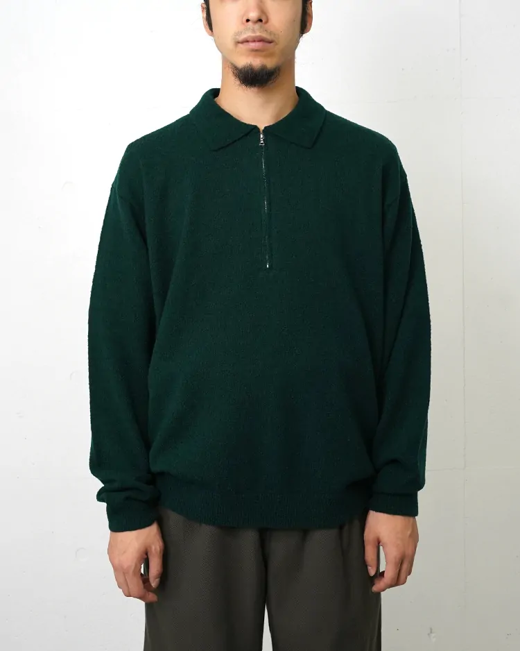 ATON (MEN) / WOOL MINI BOUCLE ZIP UP POLO SWEATER / GREEN