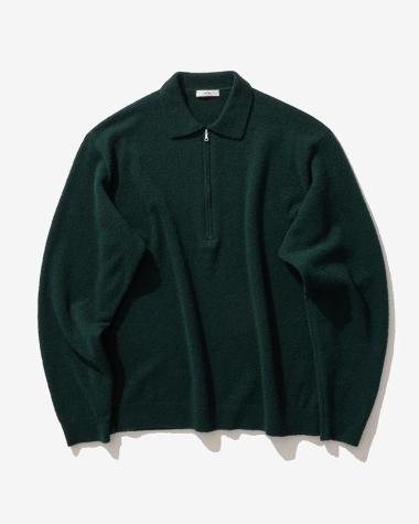  / WOOL MINI BOUCLE ZIP UP POLO SWEATER / GREEN
