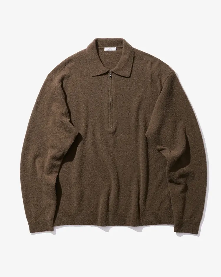 ATON (MEN) / WOOL MINI BOUCLE ZIP UP POLO SWEATER / KHAKI