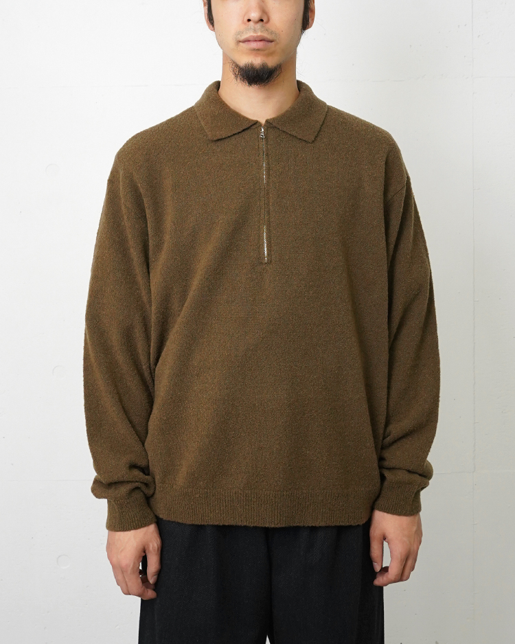 ATON (MEN) / WOOL MINI BOUCLE ZIP UP POLO SWEATER / KHAKI