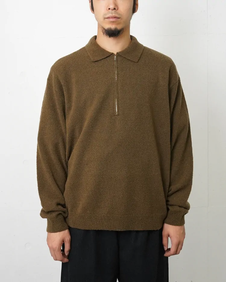 ATON (MEN) / WOOL MINI BOUCLE ZIP UP POLO SWEATER / KHAKI