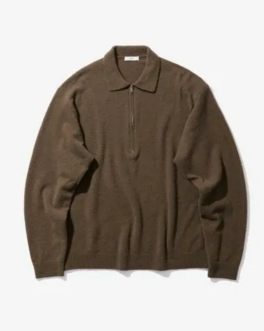 ATON (MEN) / WOOL MINI BOUCLE ZIP UP POLO SWEATER / KHAKI