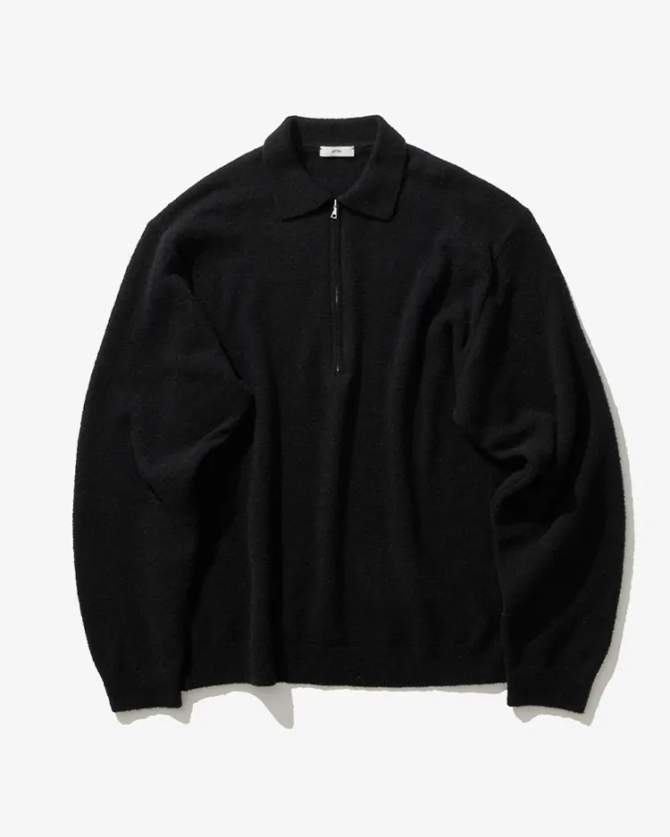 ATON (MEN) / WOOL MINI BOUCLE ZIP UP POLO SWEATER / BLACK