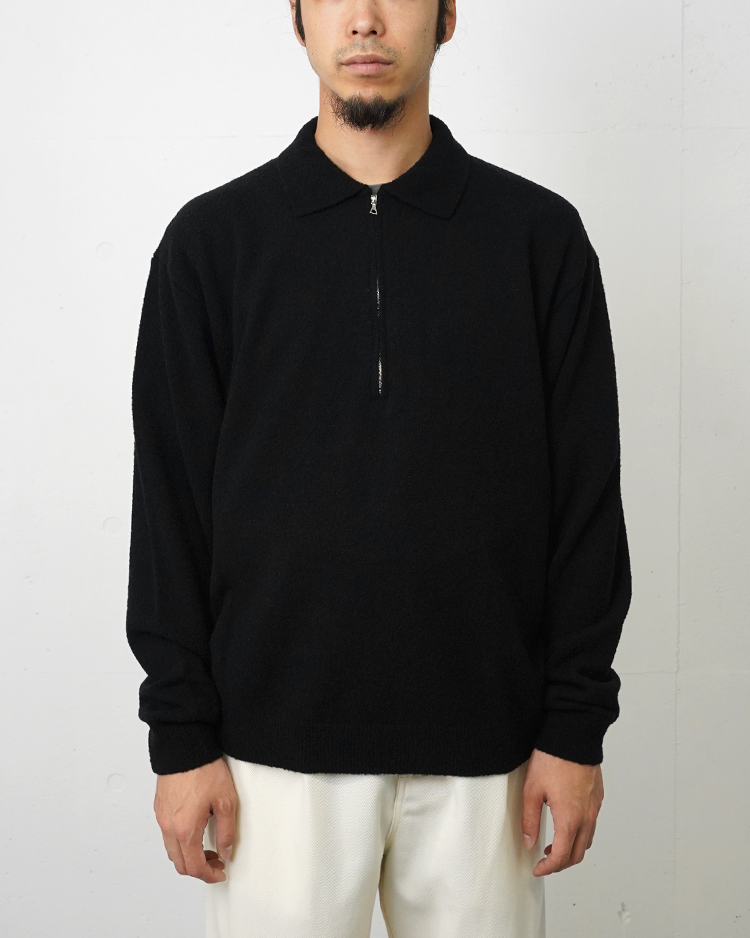 ATON (MEN) / WOOL MINI BOUCLE ZIP UP POLO SWEATER / BLACK