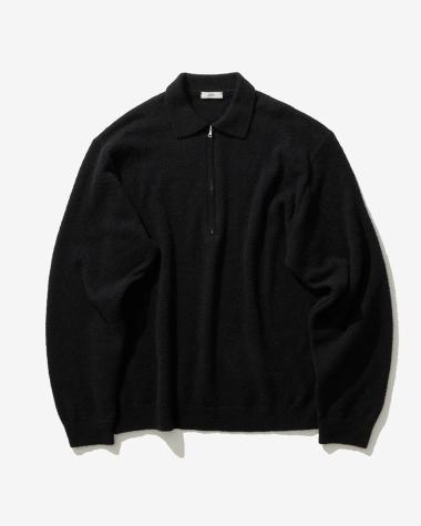 ATON (MEN) / WOOL MINI BOUCLE ZIP UP POLO SWEATER / BLACK