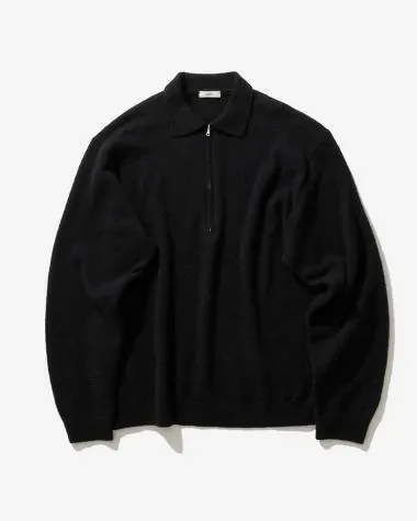 ATON (MEN) / WOOL MINI BOUCLE ZIP UP POLO SWEATER / BLACK