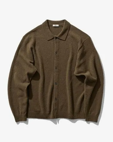 ATON (MEN) / WOOL MINI BOUCLE | POLO CARDIGAN / KHAKI