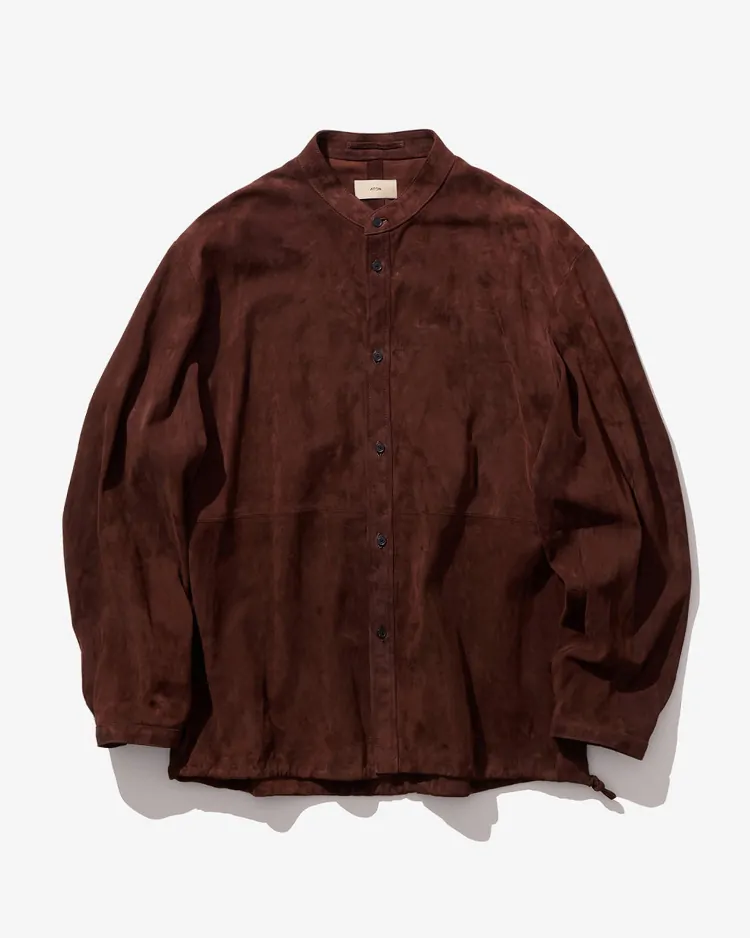 ATON (MEN) / LAMB SUEDE BAND COLLAR SHIRT / BROWN