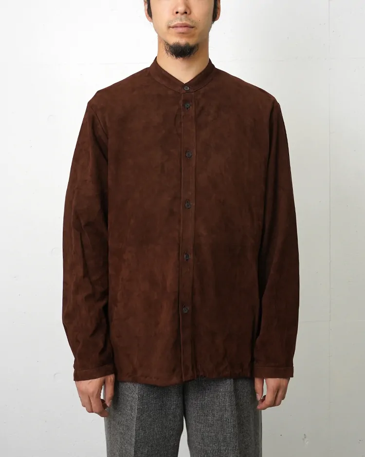 ATON (MEN) / LAMB SUEDE BAND COLLAR SHIRT / BROWN